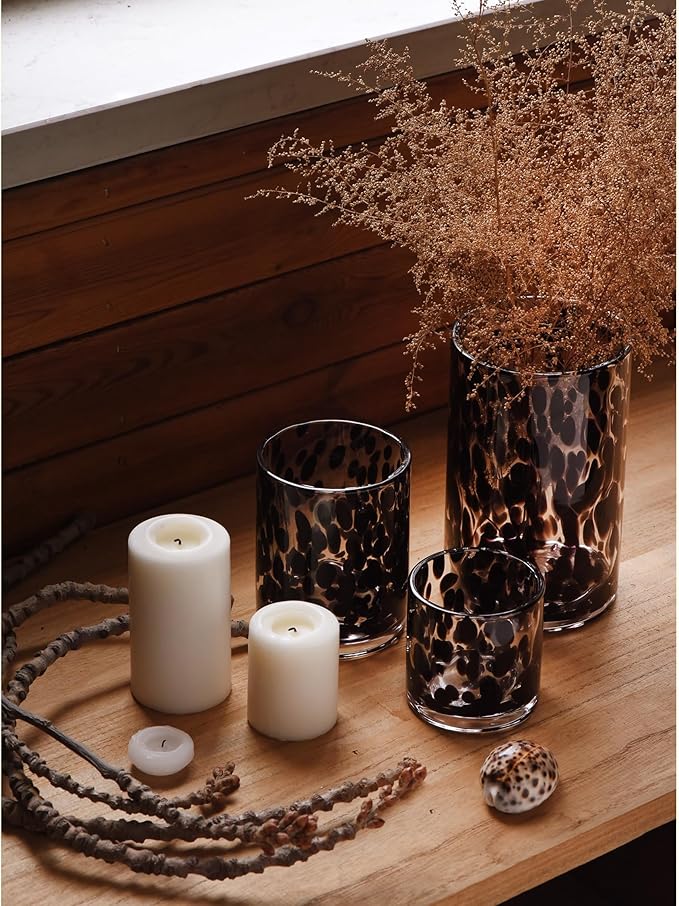 ARIAMOTION Glass Hurricane Candle Holder Set,Table Decoration Centerpieces for Pillar Votive Tealights Clear Cylinder Vase with Black Tortoise Pattern, 8 Inch 5 Inch 3.5 Inch Height, 3 Piece