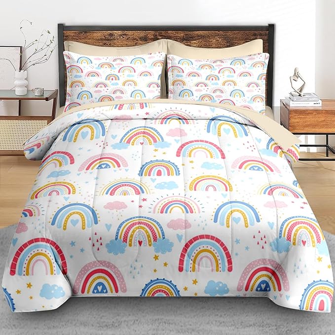 Comforter Set Twin Size, Rainbow Sunshine Star 5 Pcs Bedding for Kids and Adults, Dream Pink Cute Bed Sheet Sets with Fitted Sheet Pillowcase & Sham for Bedroom Bed Decor