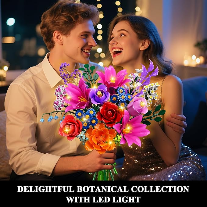 Flowers Bouquet Building Set with LED Light, 21 Flower Botanical Collection Building Block Toy, Rose Lily Home Plant Decor 1054PCS for Her Adults Women Kids Girls 12+ (RED)