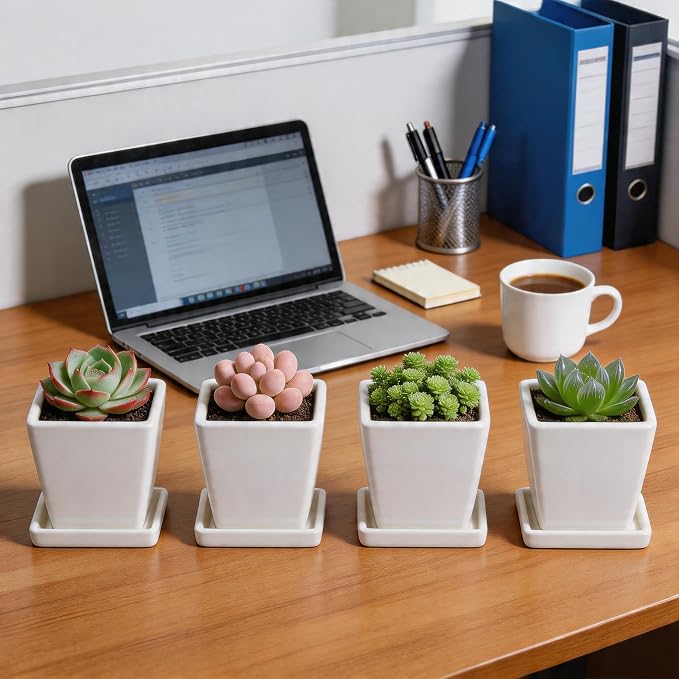 White Ceramic Plant Pots with Saucers, 4 Inch Square Succulent Planter Pots Set of 4, Modern Minimalist Small Flower Pots for Indoor Plants, Cactus, Herbs, Home Office Decor