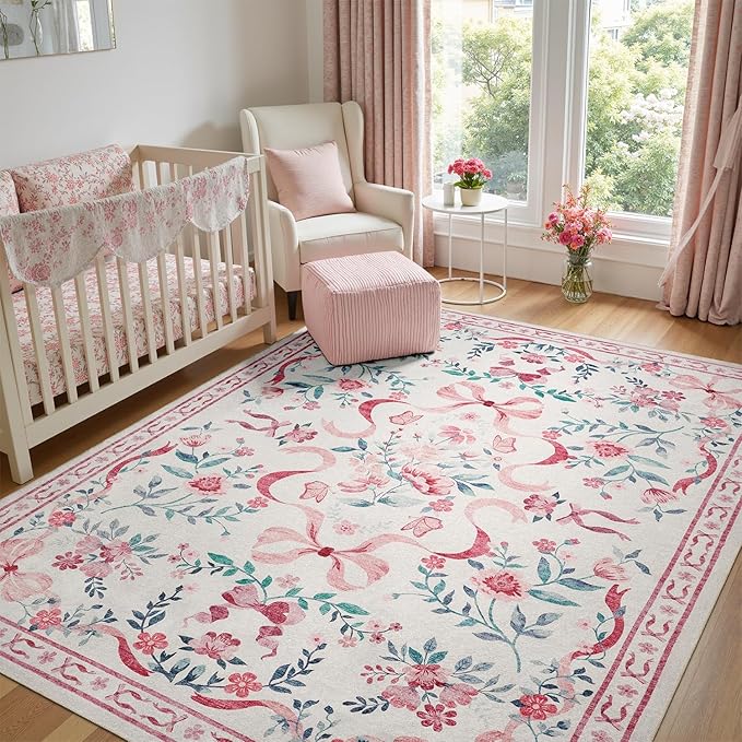 DCX Washable 4x6 Bow Rug, Pink Floral Rug for Girls’ Bedroom, Cute Soft Low Pile Indoor Décor Carpet, Kid & Pet Friendly Nursery Rug for Living Room, Dorm, Playroom
