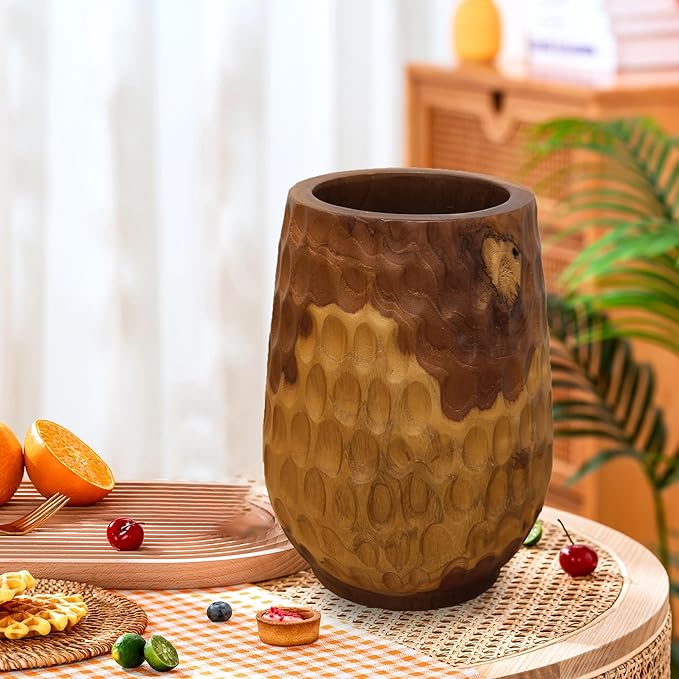 Teak Wooden Handcrafted Vase 6.7" x 6.7" x 9.5"H Natural Wood Pot Handmade Rustic Flower Holder for Entry Table Brown Stain Vintage Artworks Planter for Living Room Home Christmas Décor
