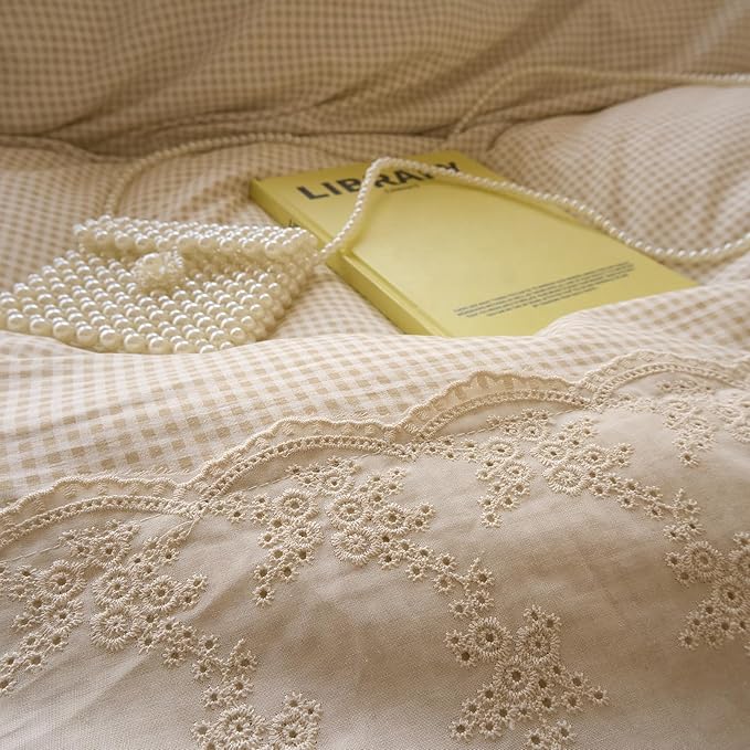 LifeTB Tan Gingham Duvet Cover King 3 Pieces Romantic Lace Duvet Cover Vintage Plaid Checkered Comforter Cover with 2 Pillowcases Soft Microfiber Beige Tan Grid Farmhouse Gingham Bedding Set