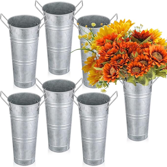 Chumia 6 Pcs Buckets Bulk Cut Flower Bar Supplies Christmas Centerpiece Wedding Galvanized Vase Metal Bloom Bridal Bouquet Pail with Handle French Farmhouse Rustic Floral Arrangement(Silver,9 Inch)