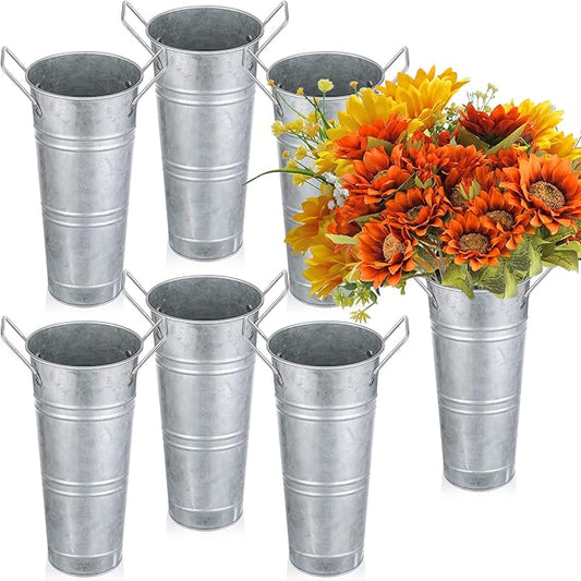 Chumia 6 Pcs Buckets Bulk Cut Flower Bar Supplies Christmas Centerpiece Wedding Galvanized Vase Metal Bloom Bridal Bouquet Pail with Handle French Farmhouse Rustic Floral Arrangement(Silver,9 Inch)