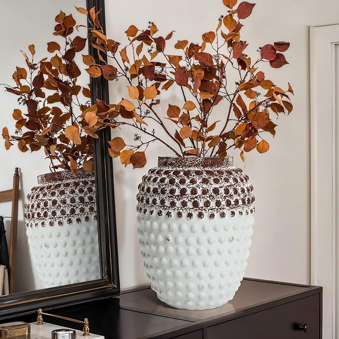 LuxenHome Ceramic Flower Vase,Rustic Decorative Vase for Home Decor,Vintage White and Brown Beaded 12-Inch Tall Urn Vase Shelf Decor Room Decor Entry Way Table Home Decor