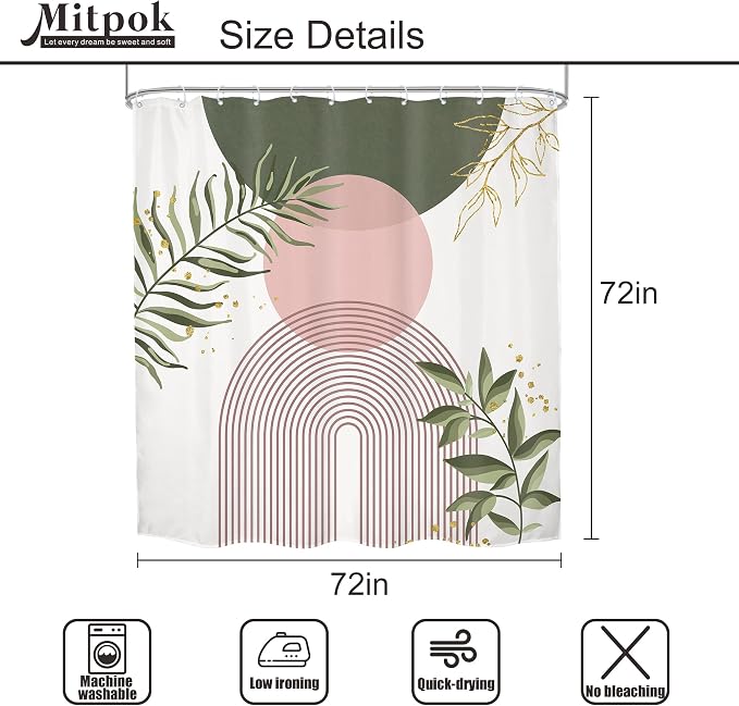4 PCS Pink Sage Green Boho 72Wx72H Shower Curtain Set Modern Mid Century Plant Bath Rug Toilet Lid Cover Nonslip U Shape Mat Quick Dry Bathroom Decor with 12 Hooks