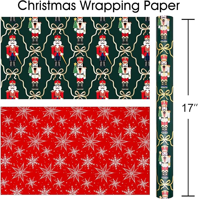 MAYPLUSS Christmas Wrapping Paper Roll - 17IN X 33FT - Green Gift Wrapping Paper Featuring Nutcracker Christmas Tree Bow Reversible Snowflake for Kids, Holiday, New Year