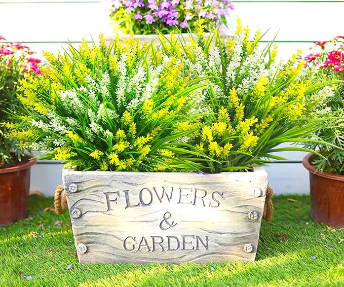 Artificial Plants Outdoor, 20 Pcs Fake Flowers UV Resistant Outdoor Fake Plants, Lavender Artificial Flowers Plastic Fake Faux Flowers Shrubs for Home Porch Garden Yard Window Box (Yellow White)
