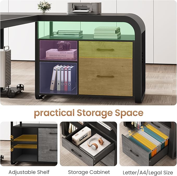 SEDETA 63 Inch Executive Desk, Large Office Desk with File Drawer, L Shaped Desk with Drawers, Computer Desk with Mobile CPU Stand, Storage Shelves, Power Outlets for Home Office, Gray
