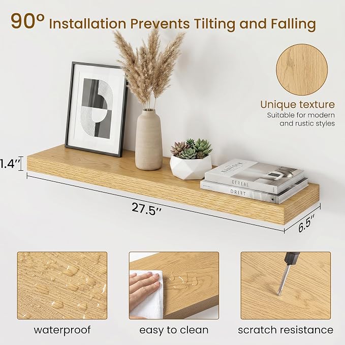 Dreamland Floating Shelves for Wall, 27.5 Inch Long Shelves, Wall Decor for Bedroom, Kitchen, Living Room & Book Storage, Mounted Floating Shelf with Invisible Brackets, Set of 2, Oak