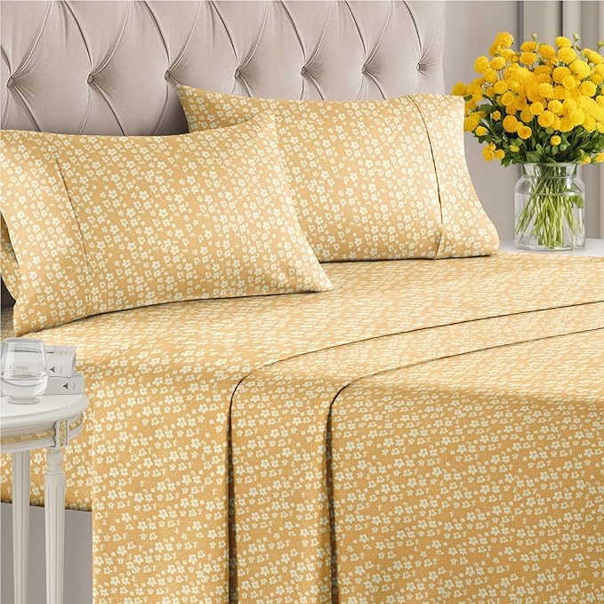 Floral Sheets - Yellow Floral Bed Sheet Set - 1 Flat, 1 Fitted & 2 Pillowcases w/ Deep Pockets - Comfy, Wrinkle & Fade Free - Boho Botanical Bedding - Ultra-Soft, Breathable & Cooling - King Size Set