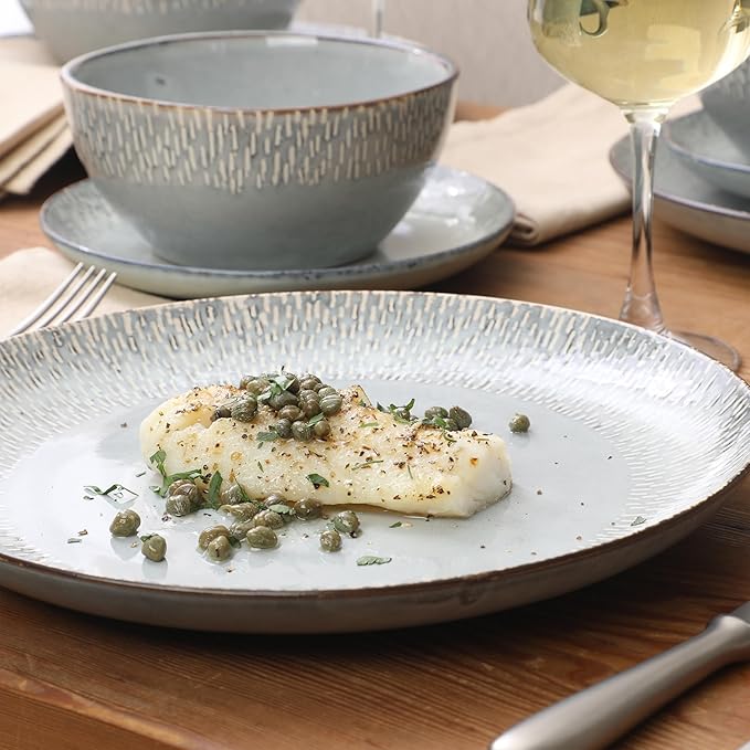 Gibson Elite Jasper 16 Piece Plates and Bowls Reactive Glaze Dishes Stoneware Ceramic Dinnerware Set - Service for 4 - Grey