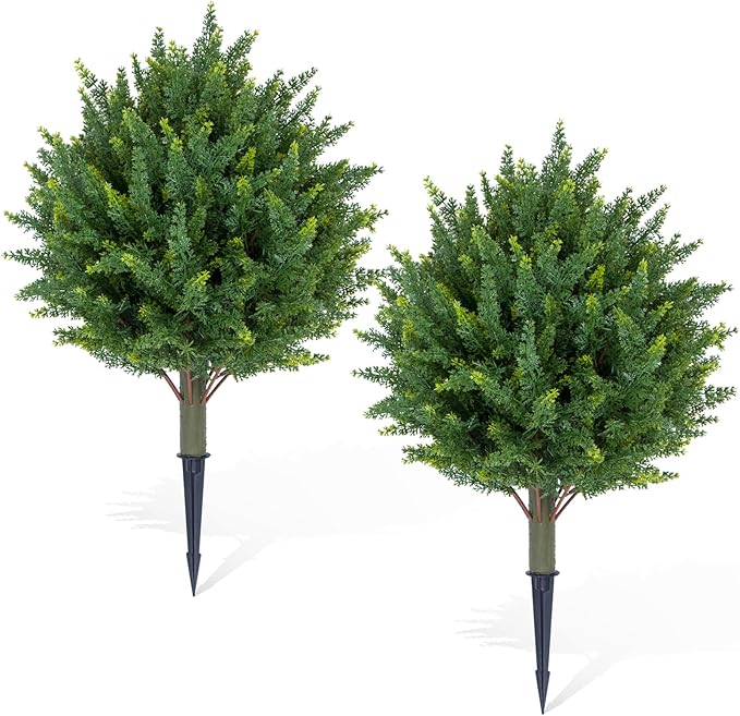 Premium 16" Diameter Artificial Cypress Topiary – Set of 2 Faux Plants with Ground Spikes – UV-Resistant, Realistic Outdoor & Indoor Greenery – Weatherproof Garden Landscaping Décor