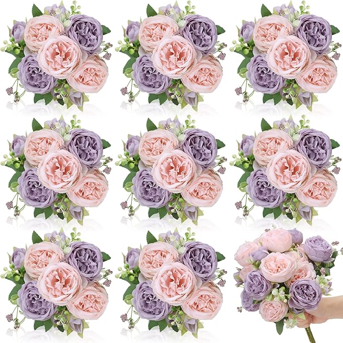 8 Pack Pink, Purple Peonies Artificial Flowers, Fake Silk Hydrangea Bouquet for Bridal Wedding Home Table Decor Reusable Dining Opening Ceremony Birthday Arrangement Faux Floral