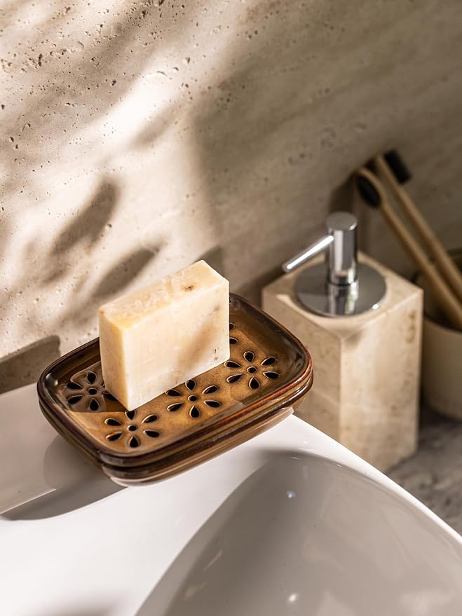 Miamolo Soap Dish with Draining Tray, Bar Soap Holder for Shower Bathroom Bathtub Kitchen Sink, Mess-Free Soap Container Saver with Non-Slip Base, Water Collection Tray Housewarming Gift, Brown
