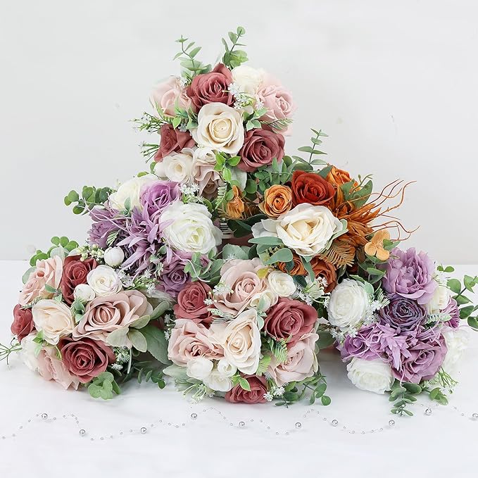 Set of 6 Bridesmaid Bouquets for Wedding - 7 Inch Artificial Flowers Bouquets for Ceremony Anniversary Centerpieces Decorations - Pink and White