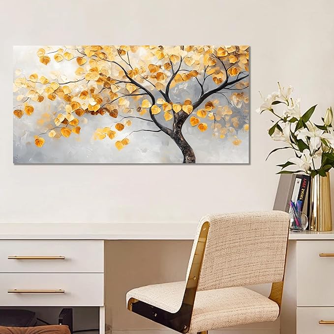 Tarfupth Gold Tree of Life Wall Art for Living Room Tree Leaves Large Artwork for Bedroom Office Kitchen Modern Canvas Prints 20x40 Inch