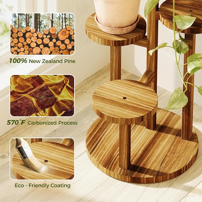 Bamworld Plant Stand Indoor Plant Shelf 4 Tier Wood Plant Stand for Multiple Plants Tall Corner Plant Stands for Outdoor Round Flower Stand Plant Holder for Living Room Patio Garden Balcony Brown