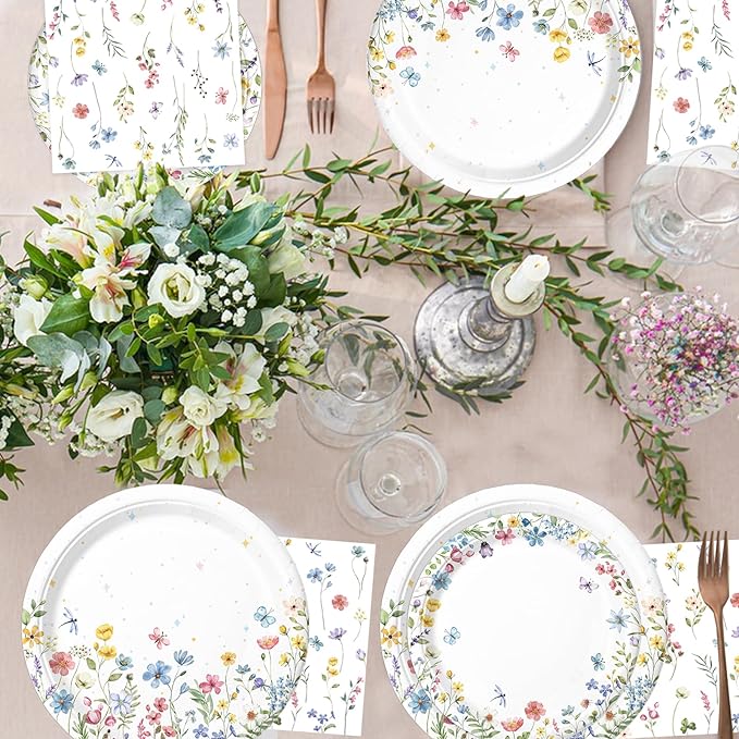 168PCS Wildflower Party Decorations Spring Floral Baby Shower Birthday Decorations Include Plates, Cups, Napkins, Cutlery for Wildflower Baby Shower Tea Decorations, Serve 24