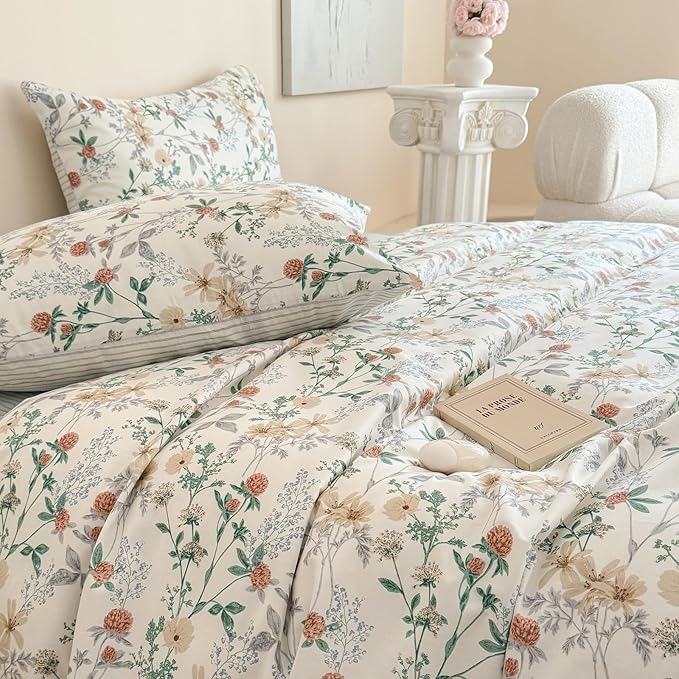 EAVD Garden Botanical Floral Duvet Cover Full White Soft 100% Cotton Flowers Leaves Pattern Bedding Set with 2 Pillowcases Reversible Black White Striped Comforter Cover with Zipper Closure