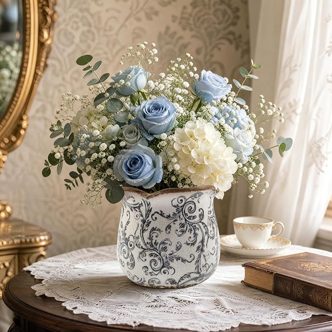 Ceramic-Planters-for-Indoor-Plants with Saucer, 6 inch Vintage Ice Crackle Glaze Plant Pots with Drainage Holes, Decorative Flower Pots for Outdoor Garden Home Decor, Tuscan Pot for Plant