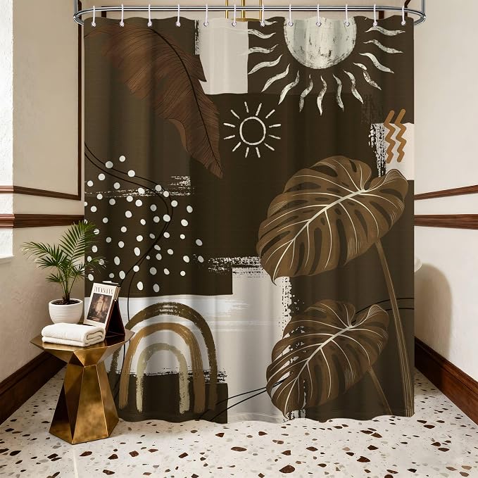 Dark Brown Mid Century Modern Shower Curtain Boho Abstract Khaki Earth Tone Shower Curtains for Bathroom Decor Sets, Waterproof Cloth Fabric with Hooks, 70 x 72 Inch