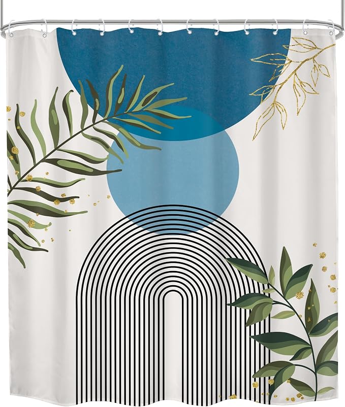Blue Boho Modern Shower Curtain Mid Century Abstract Gold Green Leaves Sun Arch Minimalist Geometric Aesthetic Plant 60Wx72H Bathroom Decor Neutral Bath Curtain Fabric Polyester 12 Pack Hooks