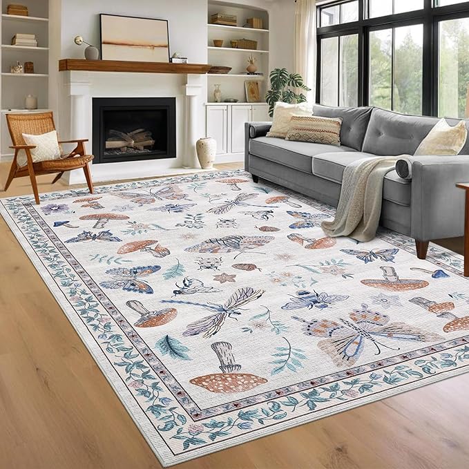 9x12 Washable Area Rugs Living Room Large Rug Boho Vintage Floral Carpet Soft Bedroom Indoor Floor Mats Non-Slip Farmhouse Rustic Style Carpet for Kids Nursery Dining Room Home Decor Office, Beige