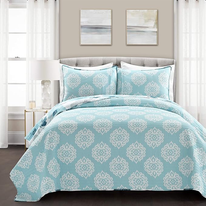 Lush Decor Leah Reversible Floral Quilt Set, 3 Piece Set, Full/ Queen, Blue - Watercolor Botanical - Cottage Core - French Country Decor- Bedding Queen Size
