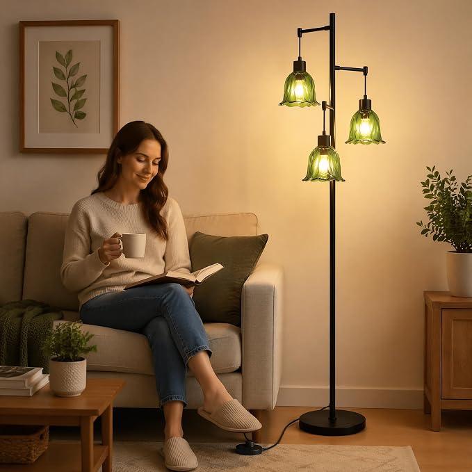 Green Glass Flower Floor Lamp,3 Light Tree Standing Lamp for Living Room Bedroom,Mid Century Modern Tall Floor Lamps Vintage Retro Boho Bohemian Home Office Decor Lamp Shade-Black