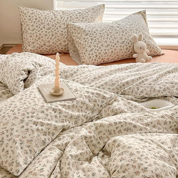Aesthetic Floral Duvet Cover Full Breathable Soft 100% Cotton Floral Comforter Cover Vintage French Style Duvet Cover Girls Cottagecore Bedding Set Botanical Flower Comforter Cover with 2 Pillowcases