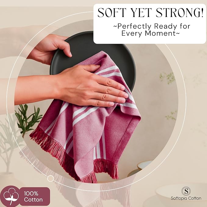 Prewashed Stripe Dish Towels 12 Pack, 16x26 Inches, Absorbent Hand Towels for Kitchen Use, Quick Dry Cloths for Cleaning, Durable Washable Rags, Reusable Dishcloth Set - Burgundy Wine