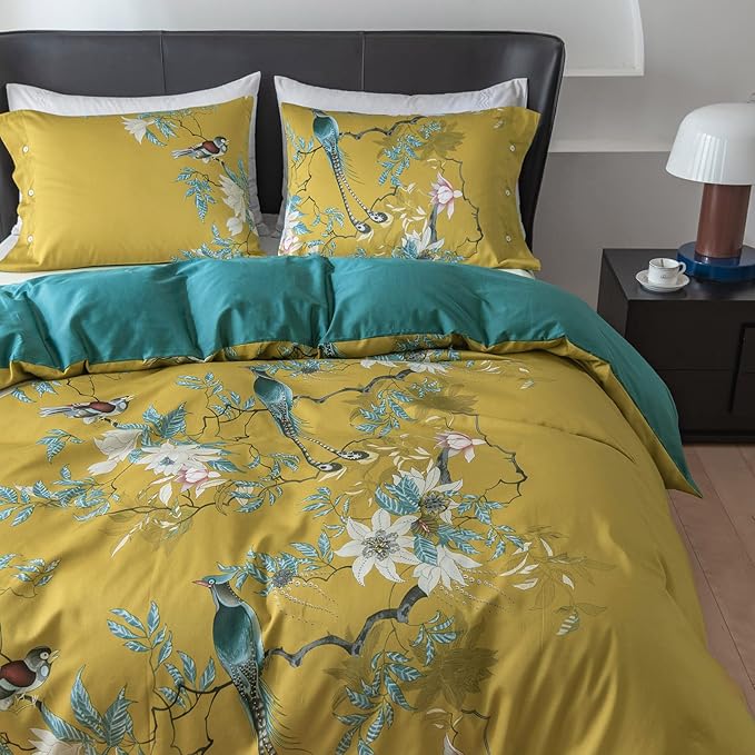 EAVD Cute Birds Duvet Cover Twin XL Cotton Floral Duvet Cover Set Yellow Bedding Set with Garden Tree Branches Flowers Birds Pattern Reversible Design Girls Duvet Coveer with Zipper Closure