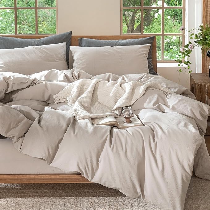 MooMee Bedding Duvet Cover Set 100% Washed Cotton Linen Like Textured Breathable Durable Soft Comfy (Solid Light Tan, Cal King 104"x98")