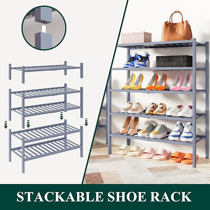 Smiry Shoe Rack, 2 Tier Thick Small Bamboo Shoe Organizer, Stackable Free Standing Wooden Shoe Storage Shelf for Closet, Entryway, Front Door Entrance, Grey