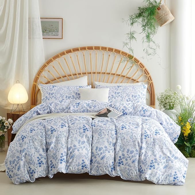 Nayoroom Blue Floral Duvet Cover King Size Cottagecore Botanical Flower Spring Comforter Cover 3 Pcs Soft Breathable Microfiber Pastoral Aesthetic Bedding Set Gift for Women