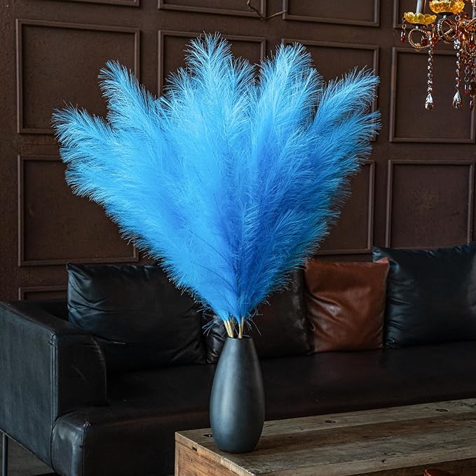 Premium Faux Pampas Grass Decor Tall & Fluffy, No Assembly Needed Long Pampas, Luxury Large Floral, Elegant Feather Flowers for Wedding Decor(Faux Navy Blue, 8pcs 43.3"(110cm))