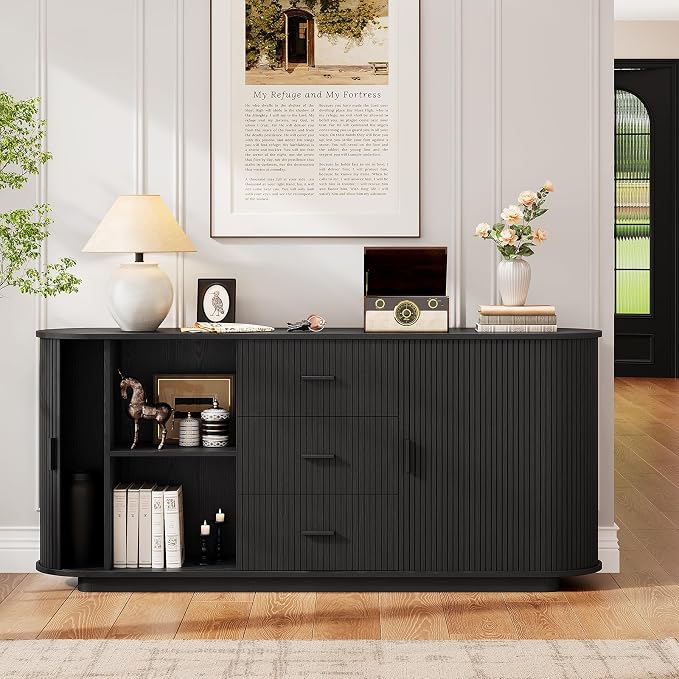ONBRILL 63" Fluted Sideboard Buffet Cabinet with 3 Drawers & 2 Doors, Mid-Century Modern Buffet Sideboard Cabinet with Storage, Coffee Bar Table with Adjustable Shelf for Kitchen, Living Room, Black