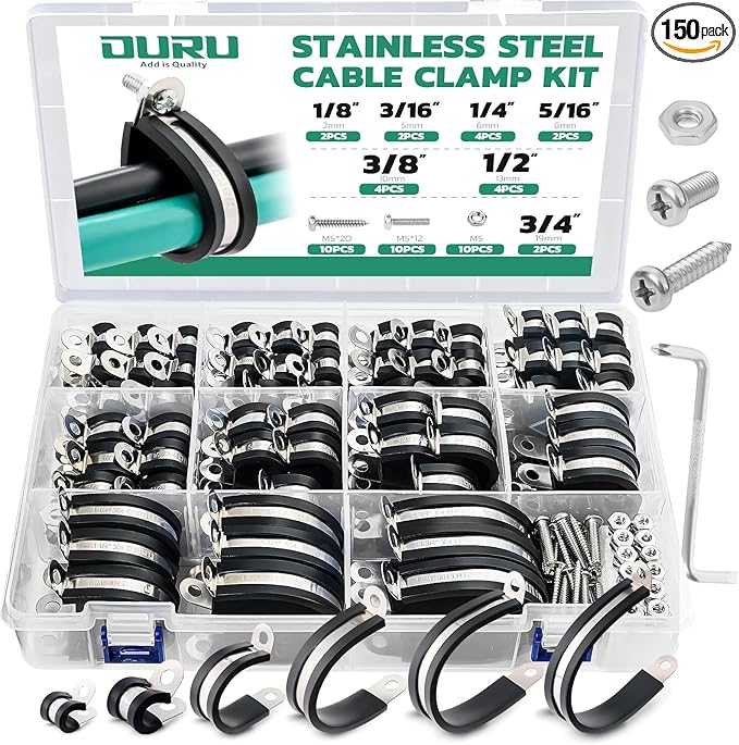 OURU 150PCS Cable Clamps with Screws Assortment Kit 304 Stainless Steel Rubber Coated Cushioned Insulated Wire Pipe Clamps 11 Sizes—3/16" 1/4" 5/16" 3/8" 1/2" 5/8" 3/4" 1" 1-1/4" 1-1/2" 1-3/4"