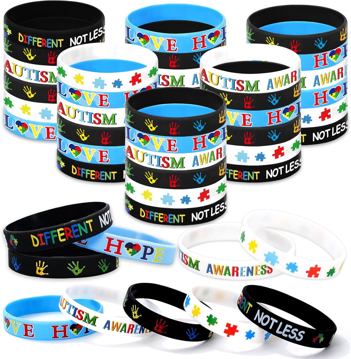 Whaline Autism Awareness Bracelets - 50Pcs Colorful Inspirational Silicone Wristbands | Motivational Stretchy Designs for Autistic Pride Day Gifts