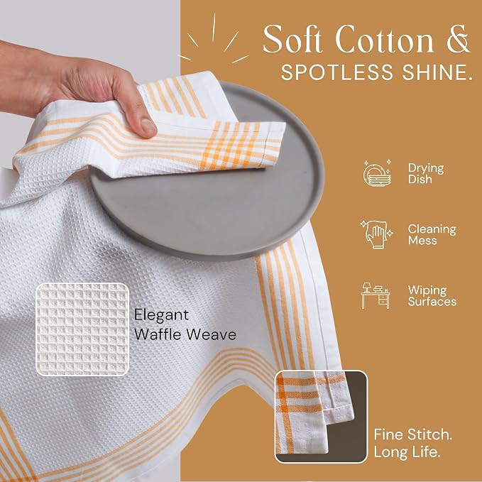 Waffle White & Mustard Yellow Set of 4 Kitchen Towels, 100% Cotton, 16x26 inches, Soft and Durable Dish Towel, Quick Dry Dishcloths, Ideal for Drying Dishes, Cleaning, Wiping