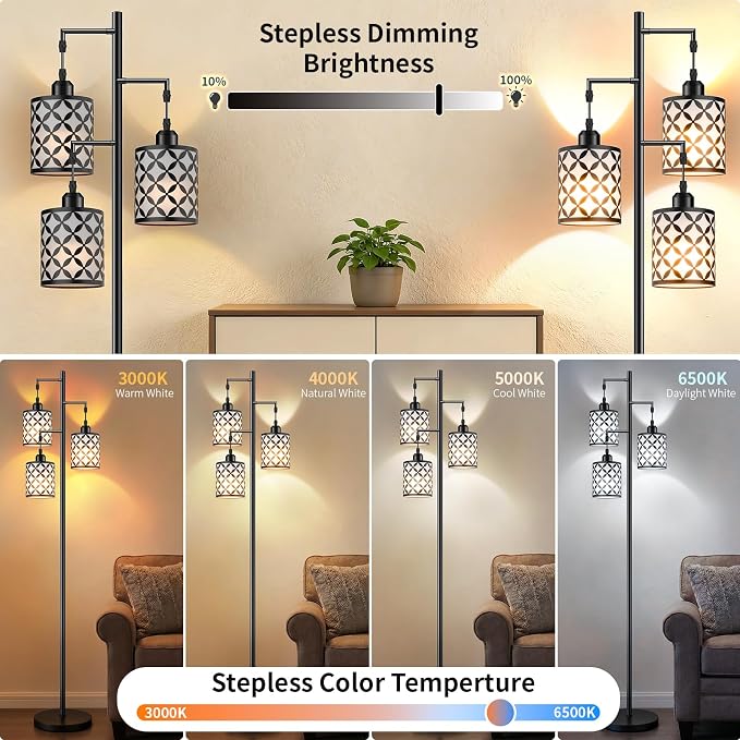 Dimmable Floor Lamp, Farmhouse Standing Lamp with Elegant Metal Cage, Industrial Tall Tree Floor Lamps for Living Room, Bedroom, Study Room, Office, 3 x 800LM LED Bulbs Included, 72", Black