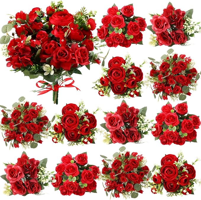 Zeyune 12 Bundles Artificial Peonies Flowers Artificial Silk Rose Faux Dahlia Fake Chamomile Hydrangea Bouquet Bulk for Vase Home Wedding Centerpiece Party Decoration(Red,Scarlet)