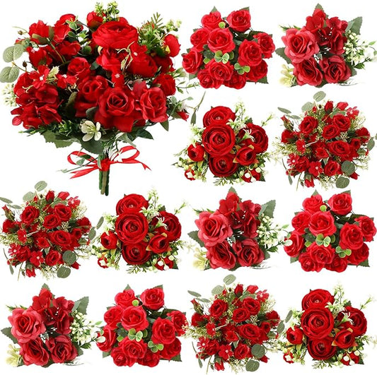 Zeyune 12 Bundles Artificial Peonies Flowers Artificial Silk Rose Faux Dahlia Fake Chamomile Hydrangea Bouquet Bulk for Vase Home Wedding Centerpiece Party Decoration(Red,Scarlet)