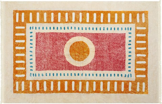 Lukinbox Boho Area Rugs for Bedroom, 4x6 Sun Washable Living Room Rug, Super Soft Non-Slip Colorful Circular Rainbow Rug for Kids Room Playroom Nursery Room Dinning Room