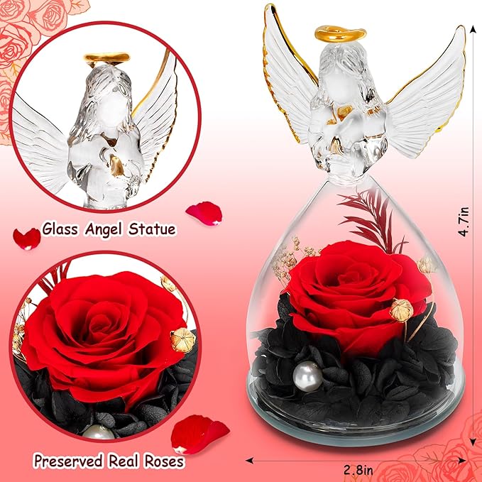 LURLIN Birthday Gifts for Women - Preserved Flowers & Glass Angel Figurines with LED Rose for Mom, Grandma, Wife, Friend, Teacher, Nurse, Anniversary Day Girls Gift