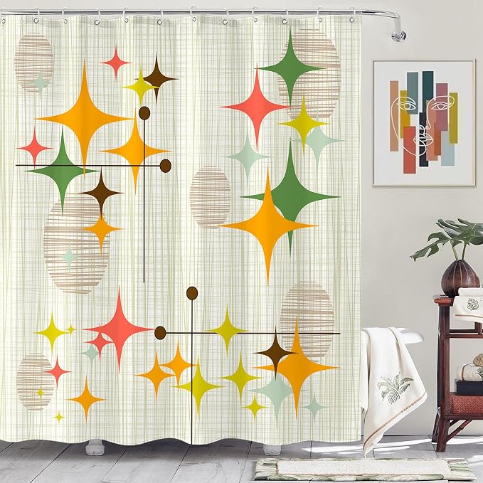 84 Inch Extra Long Mid Century Modern Shower Curtain Retro Stars Shower Curtains for Bathroom Abstract Vintage Boho Art Waterproof Fabric Bath Curtain Decor (Yellow1, 72'' x 84'')