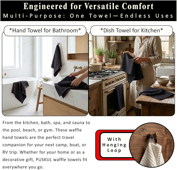 PÜSKÜL Natural 100% Turkish Cotton Waffle Kitchen Towels Set of 3 | Oeko-Tex, Premium Waffle Hand Towels for Bathroom | Soft Absorbent Quick-Dry Lint-Free Dish Towel Large 32x16 inch (3, Black)