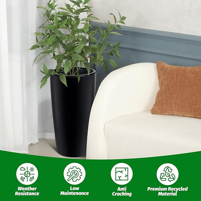GarveeLife 30 in Tall Planters for Outdoor Plants Set of 2, Large Outdoor Planters for Front Porch Decor with Drainage Holes＆Water Level Monitor ＆Inner Bucket, Automatic Watering, Black